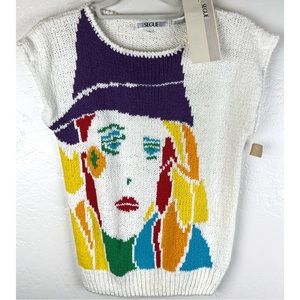 Vintage 80s Statement Sweater Bold Colorful Knit Sleeveless Pop Art SEGUE Size L